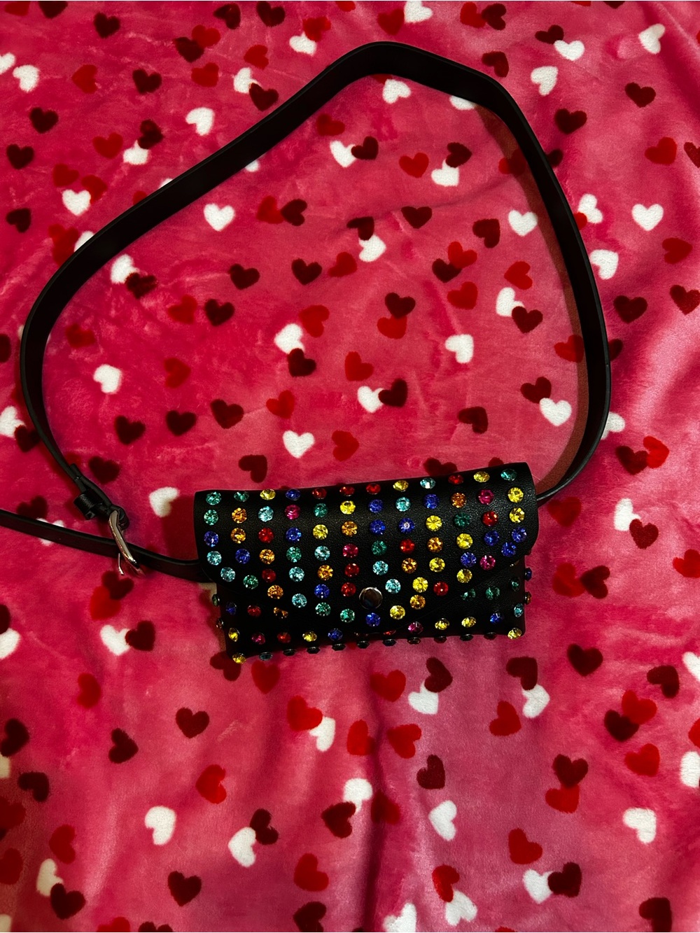 Black Rhinestone Embellished Crossbody Belt Bag - Black Multicolor